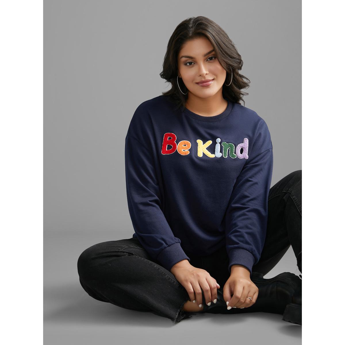 Plus Size Be Kind Towel Embroidered Sweatshirt Women Indigo Casual Embroidered Round Neck Everyday Sweatshirts BloomChic 10/M Product Image