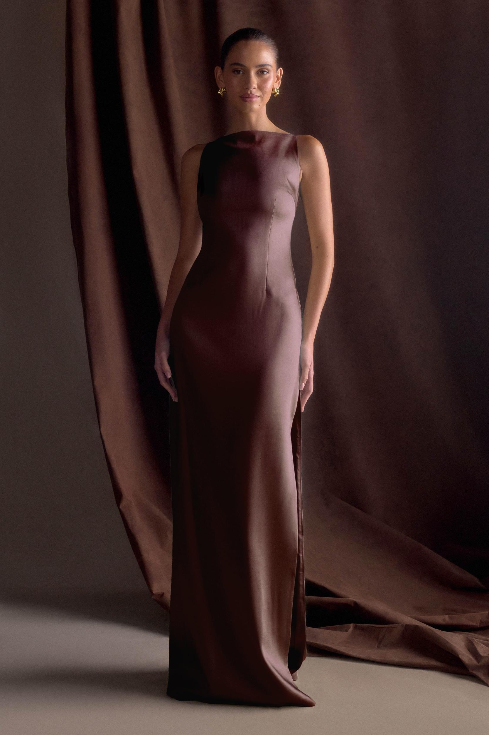 Violet Sleeveless Satin Maxi Dress - Dark Chocolate Product Image