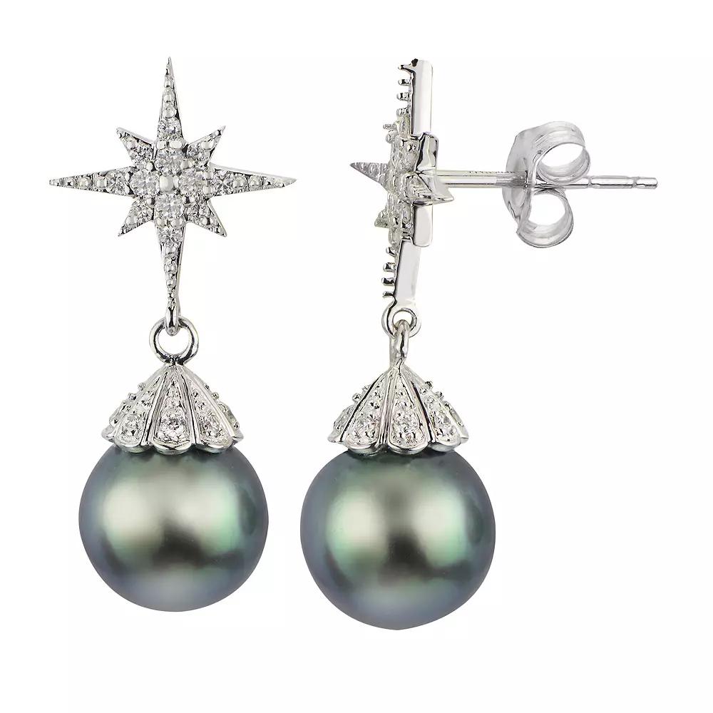 PearLustre by Imperial 14k White Gold Tahitian Cultured Pearl & 1/4 Carat T.W. Diamond Star Drop Earrings, Womens Product Image