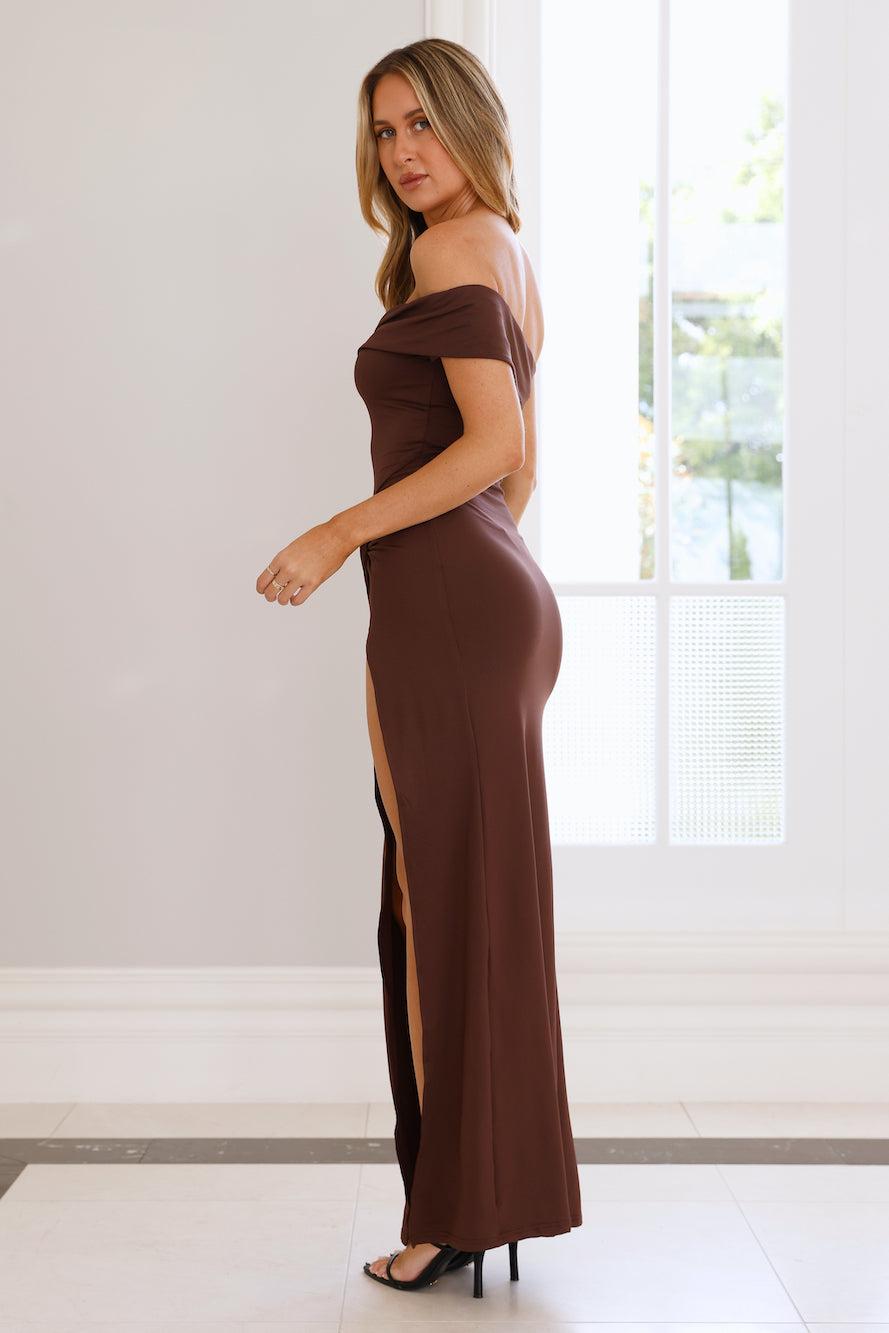 Lavish Luxe Off Shoulder Maxi Dress Brown Product Image