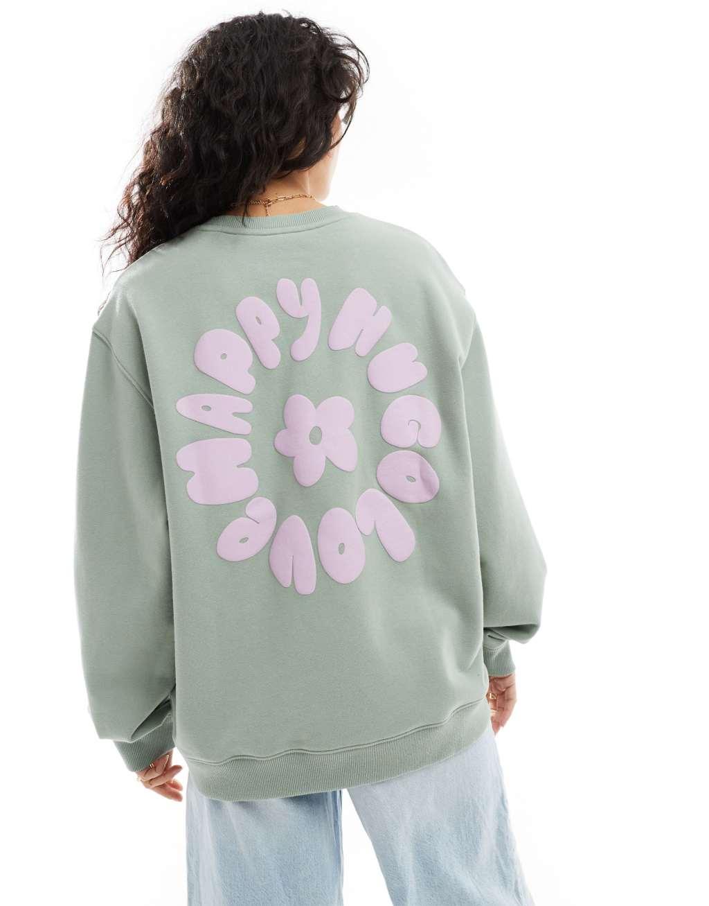 HUGO Blue oversized crewneck sweatshirt in light green Product Image