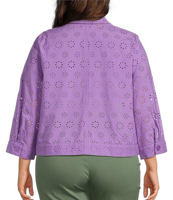 Allison Daley Plus Size 3/4 Sleeve Point Collar Button Front Eyelet Jacket Product Image