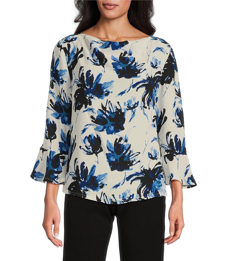 Investments Woven Expressive Blooms 3/4 Ruffle Sleeve Cowl Neck Top Product Image