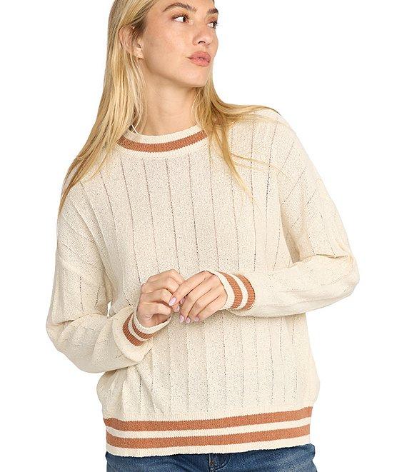 Billabong Classic Days Striped Trim Long Sleeve Open Weave Loose Knit Sweater Product Image
