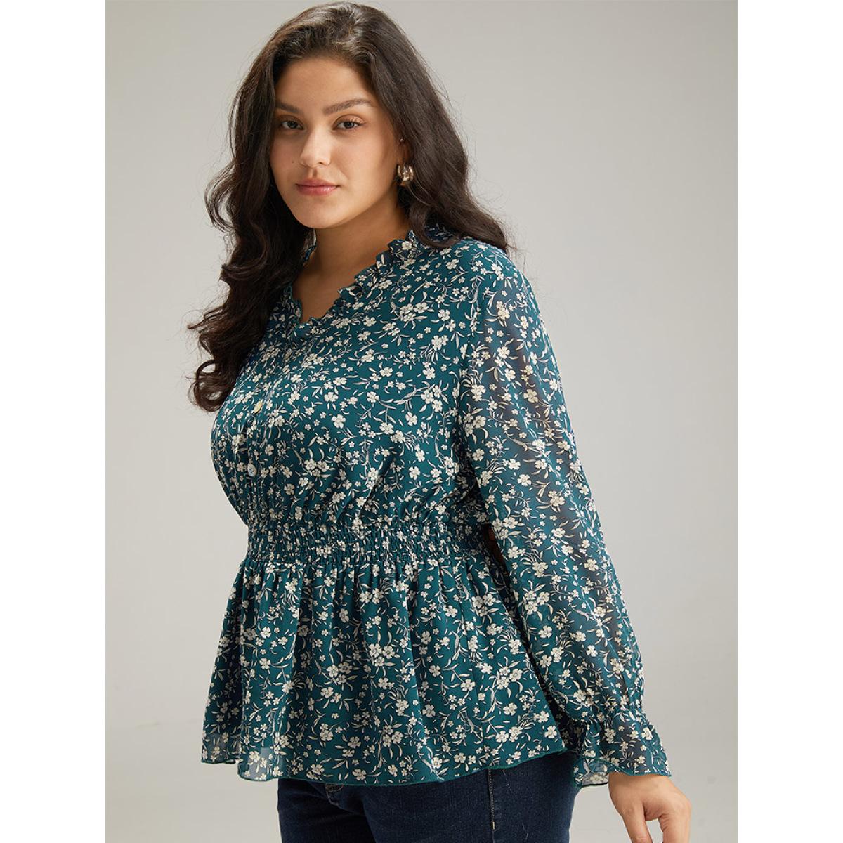 Plus Size Aegean Ditsy Floral Chiffon Shirred Ruffles Frill Trim Blouse Women Elegant Long Sleeve V-neck Dailywear Blouses BloomChic 18-20/2X Product Image