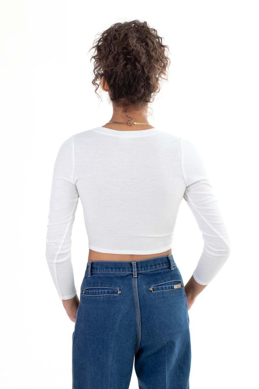 White Long Sleeve Ribbed V Neck Product Image