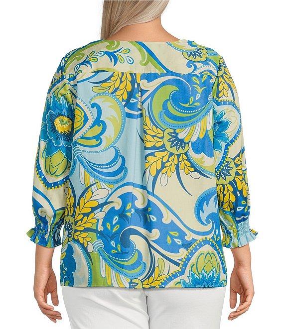 Foxcroft Plus Size Alicia Cotton Sateen Multi Flower Collage Print Split V-Neck 3/4 Sleeve Top Product Image