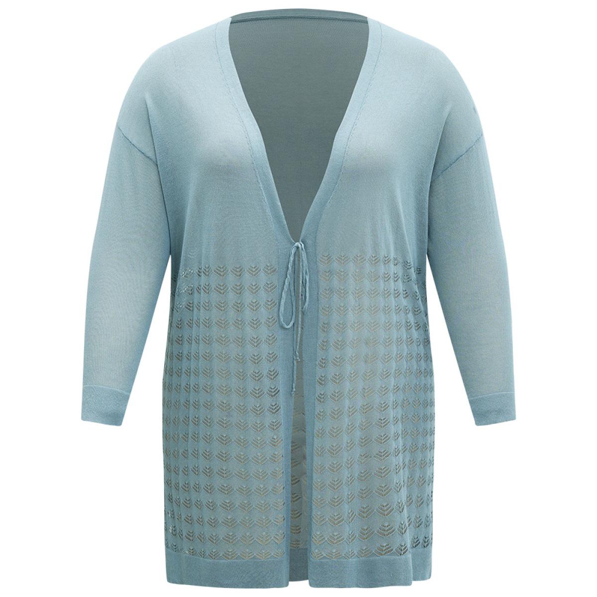 Plus Size Solid Ties Front Geo Eyelet Cardigan Mint Women Casual Loose Long Sleeve Everyday Cardigans BloomChic 12/L Product Image