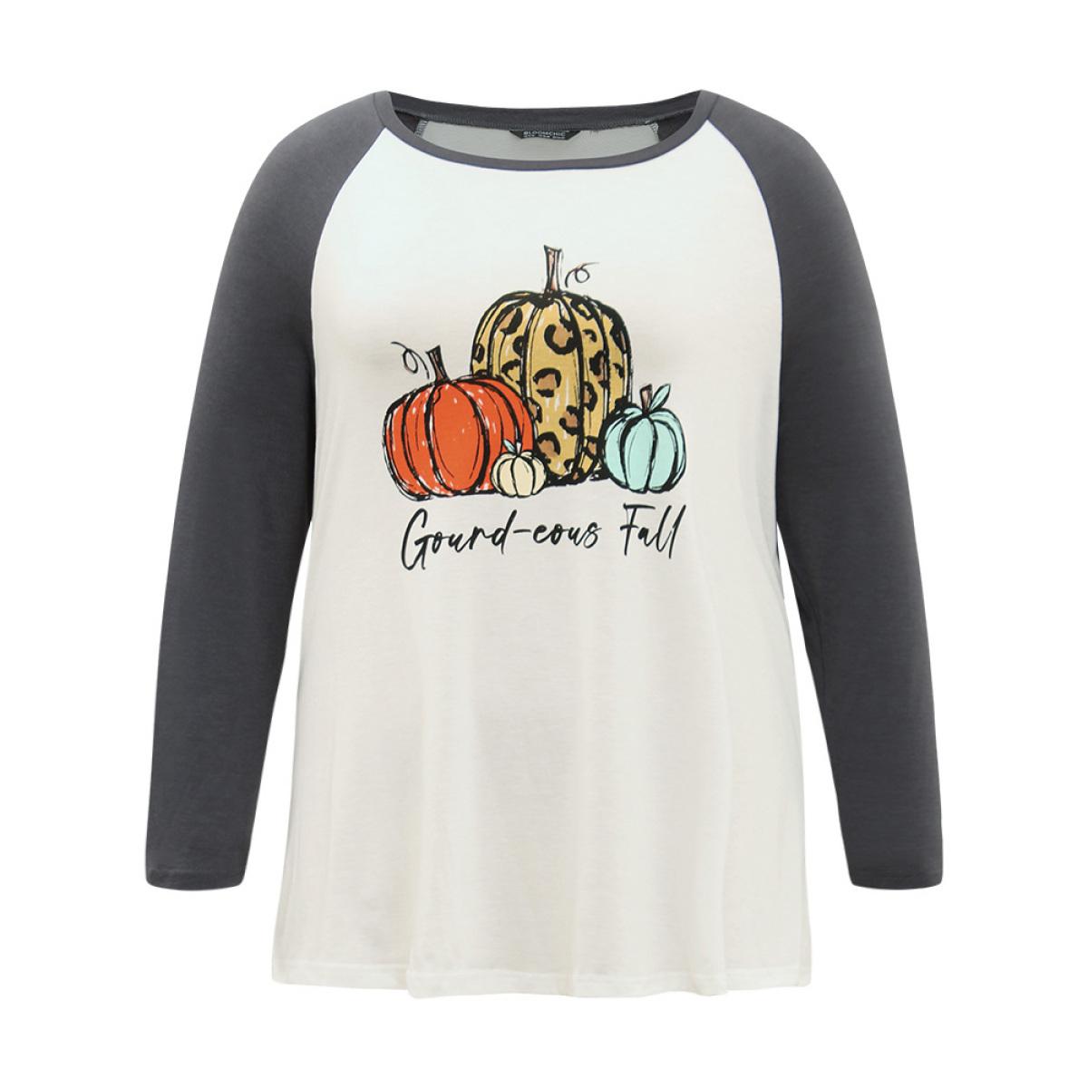 Plus Size Halloween Pumpkin & Letter Print Raglan Sleeve T-shirt White Women Casual Contrast Halloween Festival-Halloween T-shirts BloomChic 12/L Product Image
