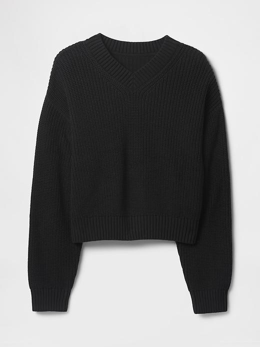 100% Cotton Shaker-Stitch V-Neck Sweater Product Image