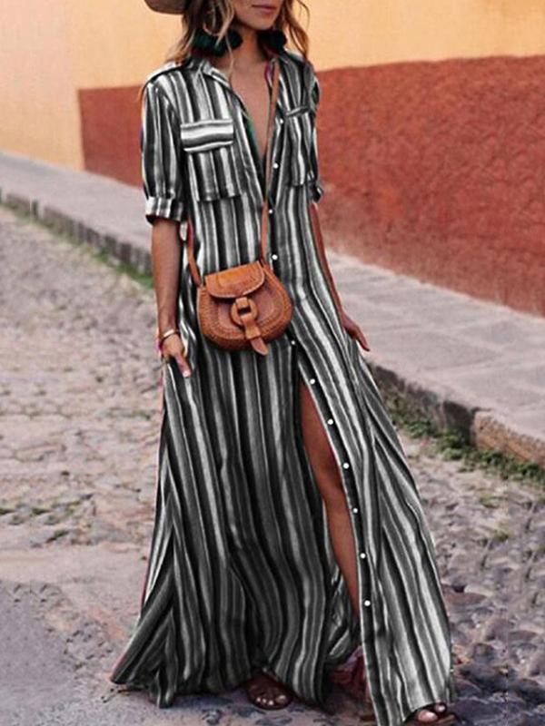 Long Sleeves Loose Split-Joint Striped Lapel Maxi Dresses Shirt Dress Product Image