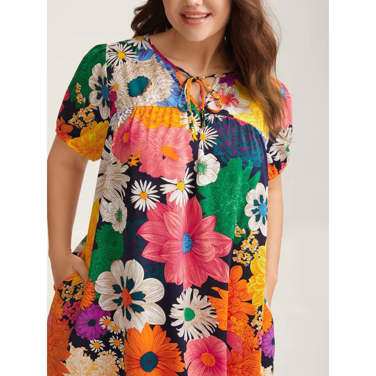 Plus Size Large Floral Print Neck Tie Midi Dress DarkBlue Women Playful Notched collar Short sleeve Curvy BloomChic 26/4X Product Image