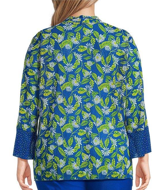 Multiples Plus Size Blue Print Onionskin Shawl Neck 3/4 Flounce Sleeve Open-Front Jacket Product Image