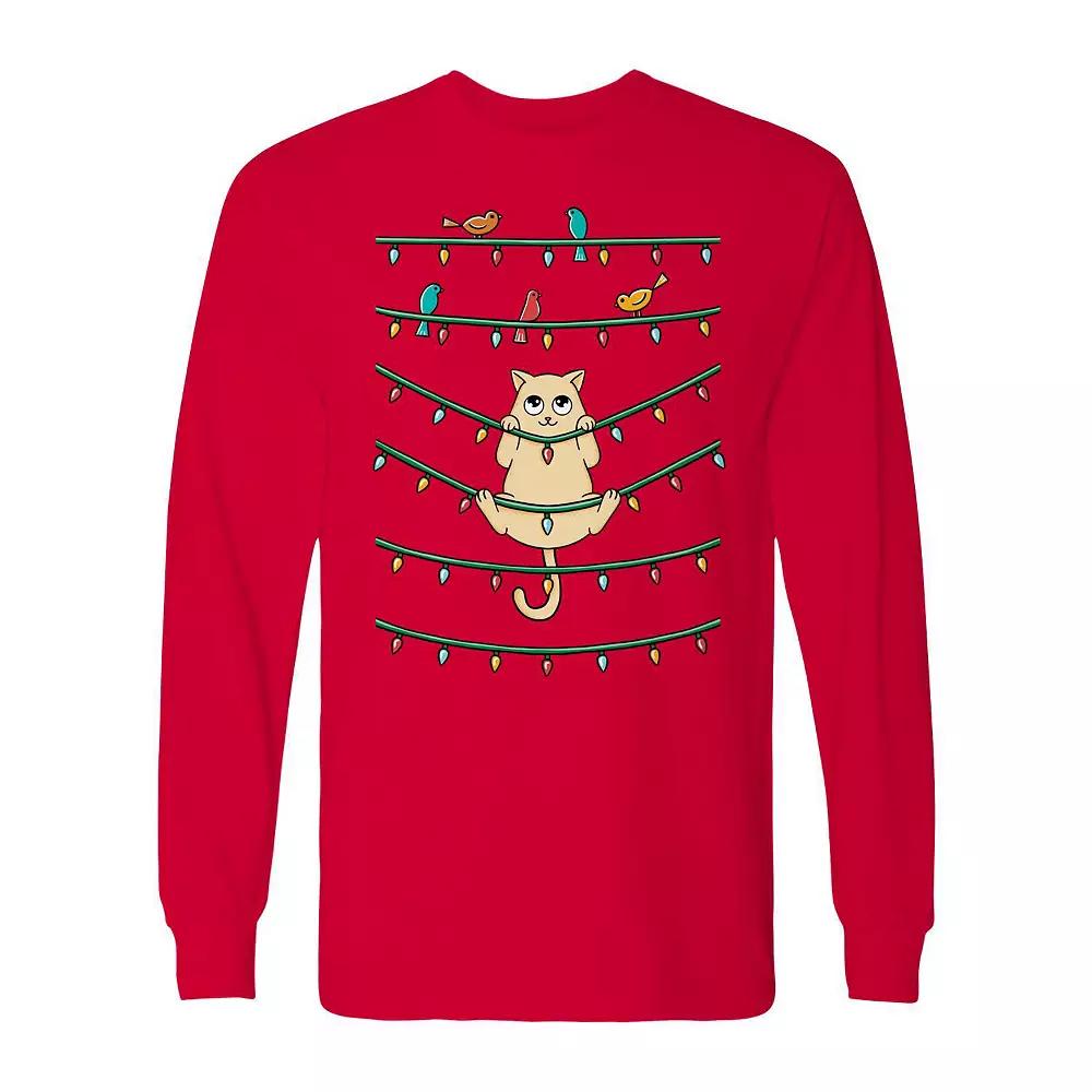 Men's Cat and Birds Christmas Long Sleeve Graphic Tee, Size: Medium, Black Product Image