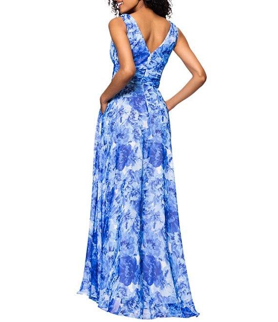 Betsy & Adam Chiffon Floral Print V-Neck Sleeveless A-Line Gown Product Image