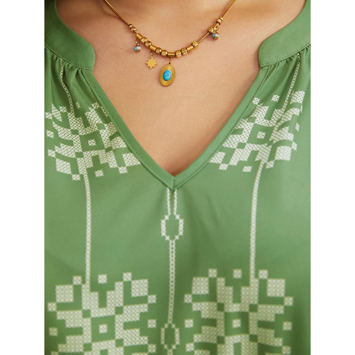 Plus Size Bandana Print Notched Layered Hem Elastic Cuffs Dress Mint Women Vacation Elastic cuffs Notched collar Elbow-length sleeve Curvy Midi Dress BloomChic 26/4X Product Image