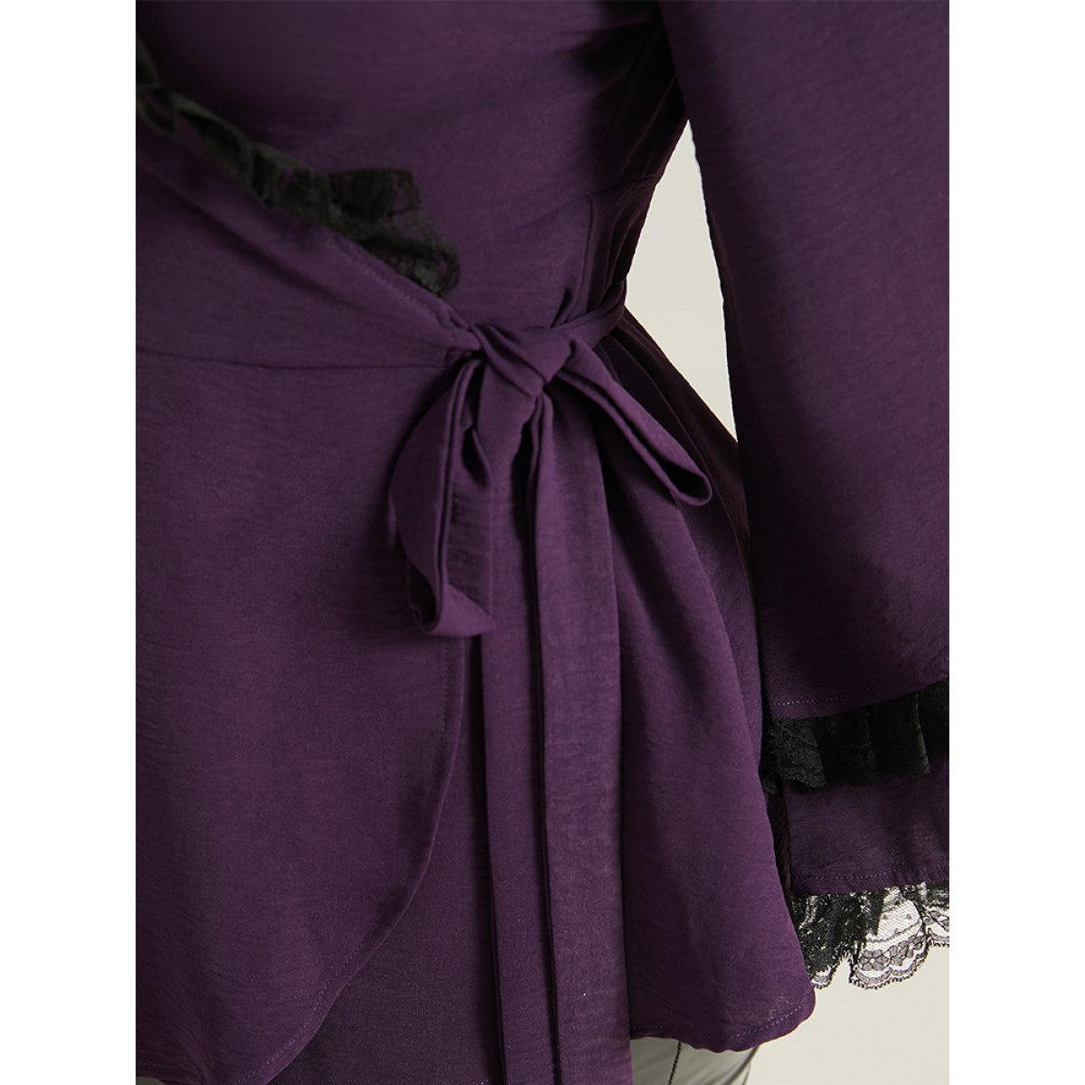 Plus Size Eggplant Halloween Contrast Eyelet Lace Wrap Layered Cuffs Blouse Women Elegant Long Sleeve V-neck Dailywear Blouses BloomChic 10/M Product Image