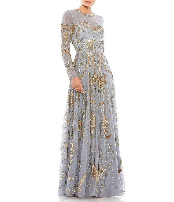 Mac Duggal Long Sleeve A-Line Crew Neck Lined Beaded Gown Product Image