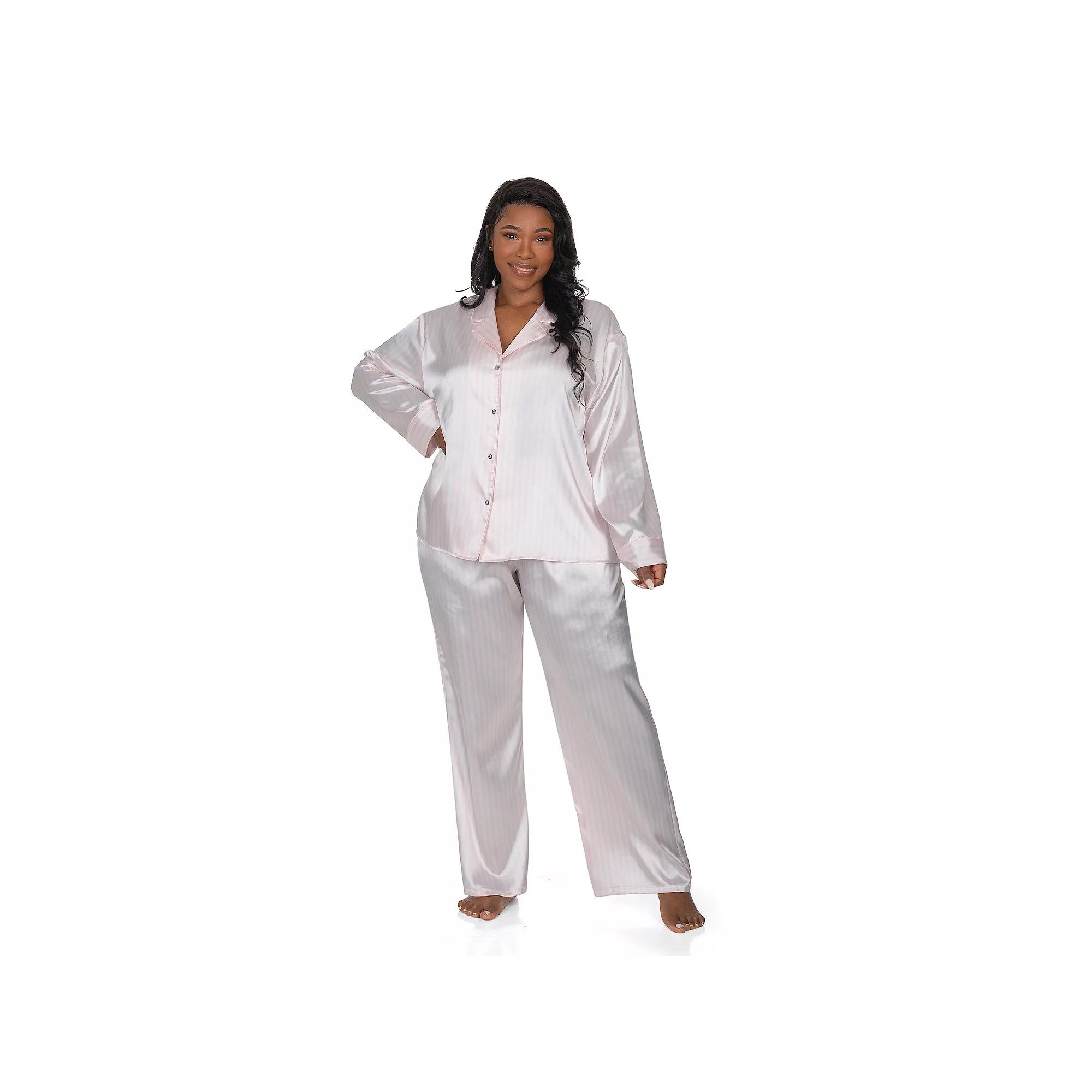 Plus Size Lilac+London Satin Notch Collar Pajama Top & Pajama Bottoms Set, Women's, Size: 1XL, Ivory Grey Product Image