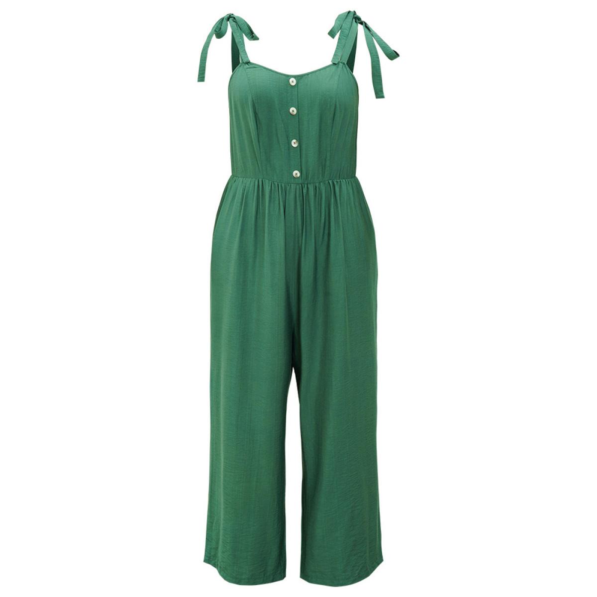 Plus Size Green Solid Button Detail Pocket Elastic Waist Knotted Shoulder Jumpsuit Women Elegant Sleeveless Spaghetti Strap Dailywear Loose Jumpsuits BloomChic 30/6X Product Image