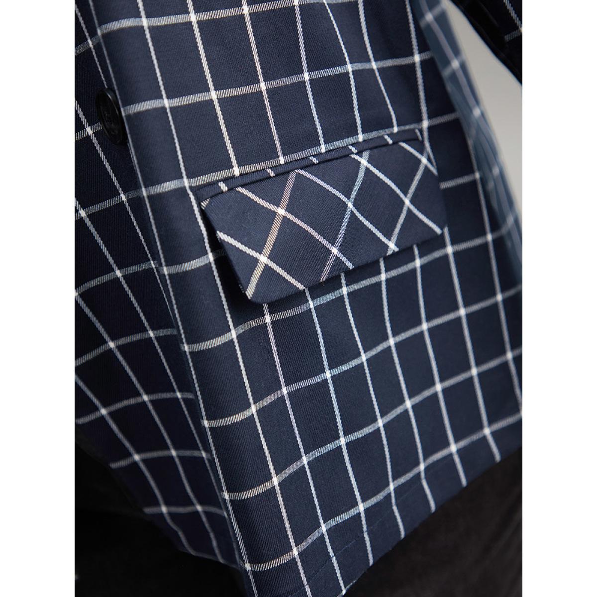 Plus Size Plaid Flap Detail Suit Collar Button Up Blazer DarkBlue Women Dailywear Plaid Contrast Sleeve Long Sleeve Suit Collar 12/L Pocket Casual Blazers BloomChic Product Image