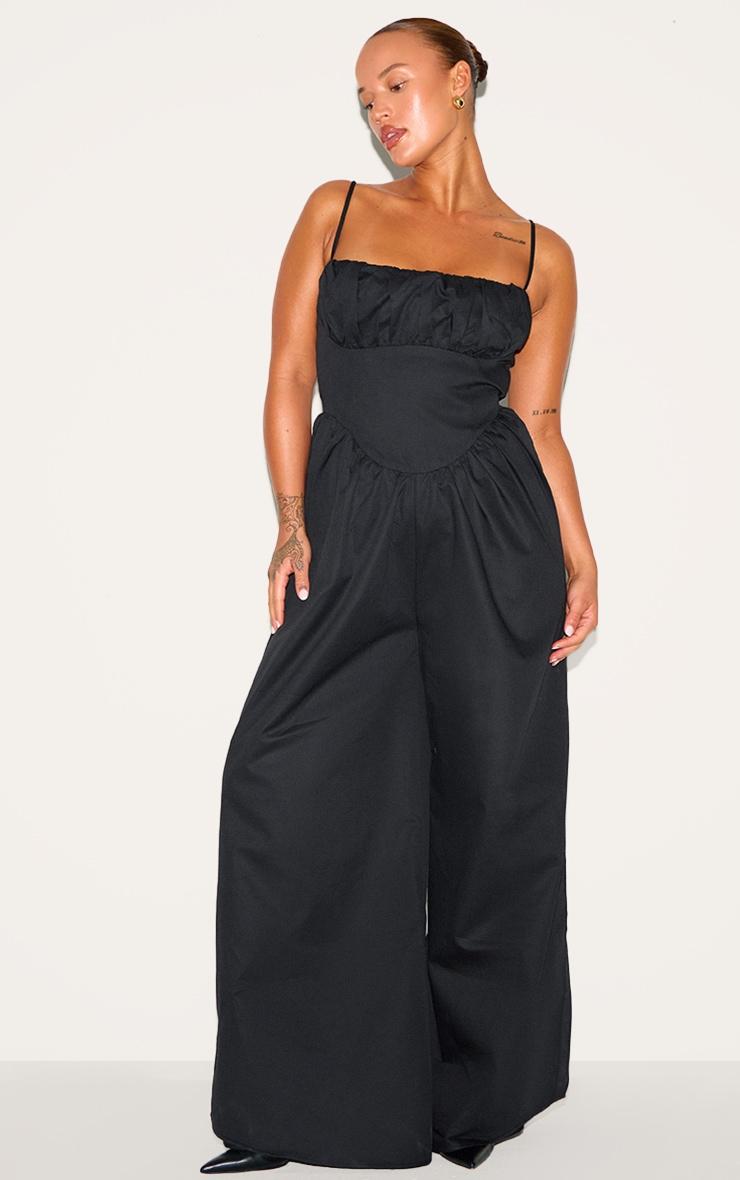 Plus Black Premium Ruched Corset Detail Wide Leg Jumpsuit Product Image