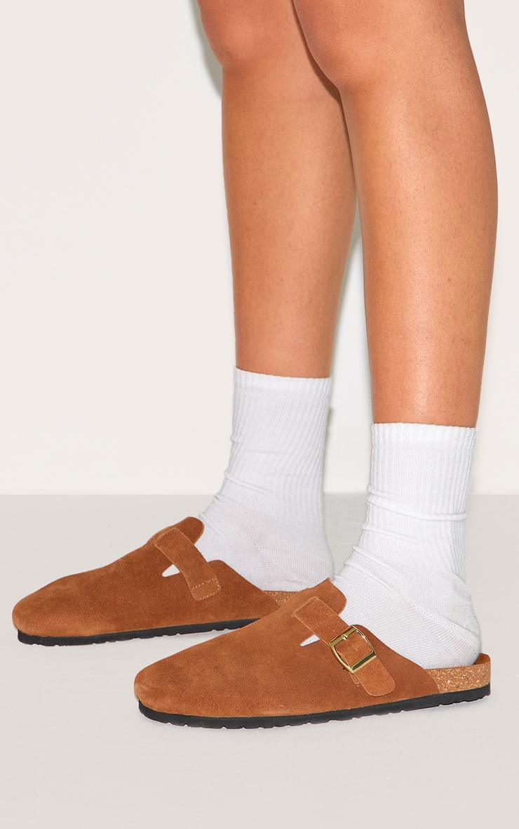 Tan Real Suede Leather Round Toe Buckle Slip On Clog Product Image