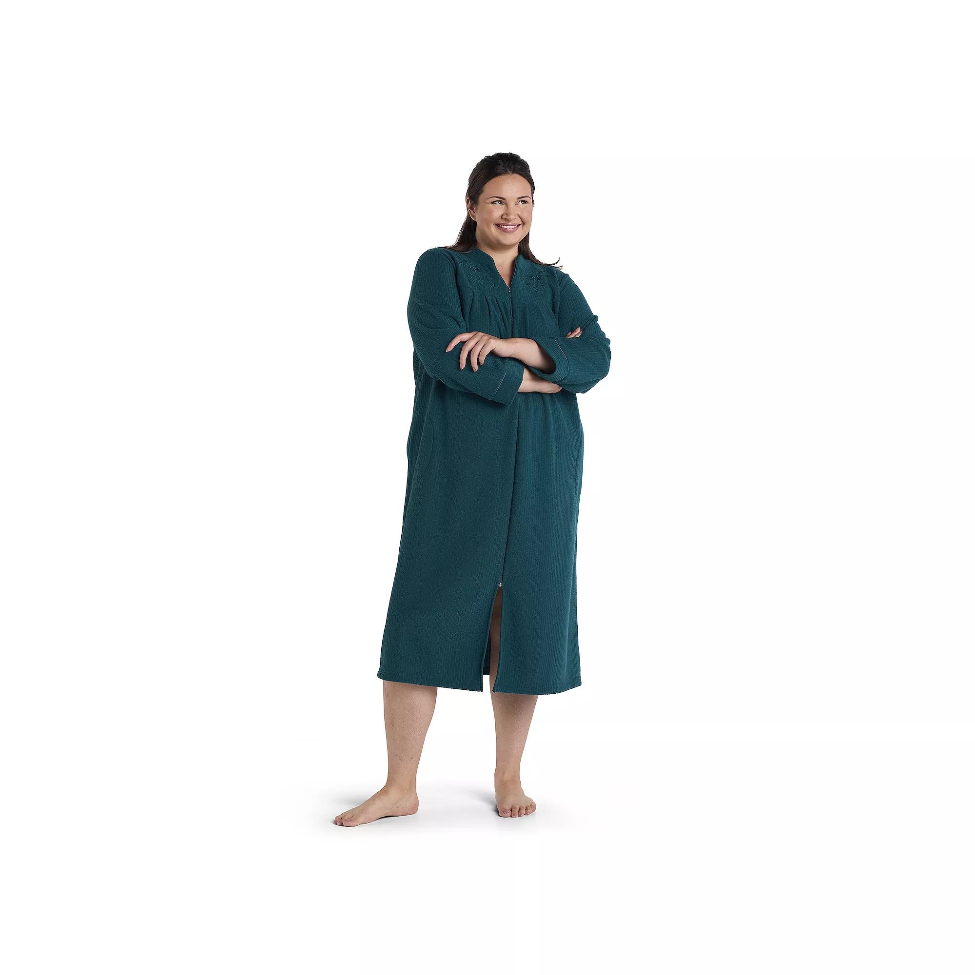 Plus Size Miss Elaine Essentials Brushed Back Terry Long Zip Robe, Women's, Size: 3XL, Green Product Image