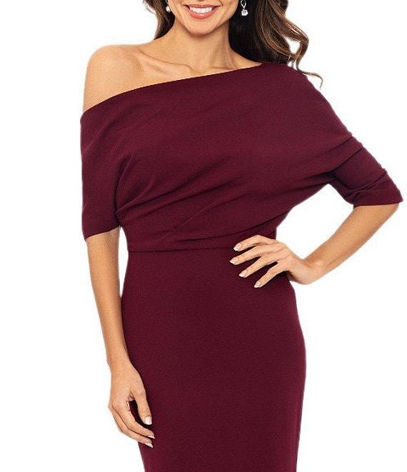 Betsy & Adam Scuba Crepe Asymmetric One Shoulder Short Sleeve Mermaid Gown Product Image