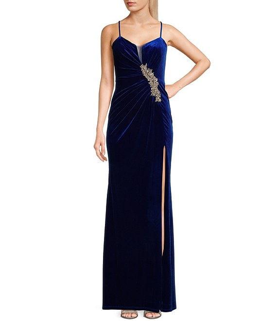 City Vibe Spaghetti Straps Ruched Rhinestone Long Slim Dress Product Image