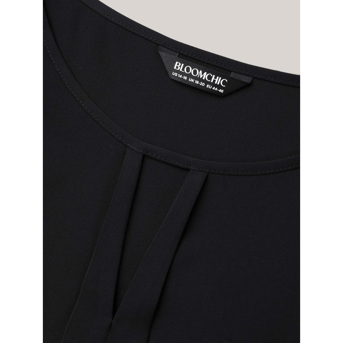 Plus Size Black Sheer Textured Sleeve Neck Cut-Out Shirt Women Office Long Sleeve Round Neck Office Blouses BloomChic 22-24/3X Product Image