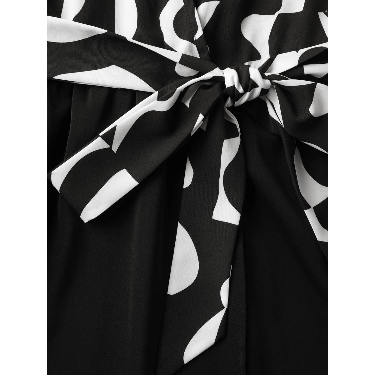 Plus Size Retro Wavy Print Stretchy Waist Midi Dress Black Women Office Overlap Collar Elbow-length sleeve Curvy BloomChic 12/L Product Image