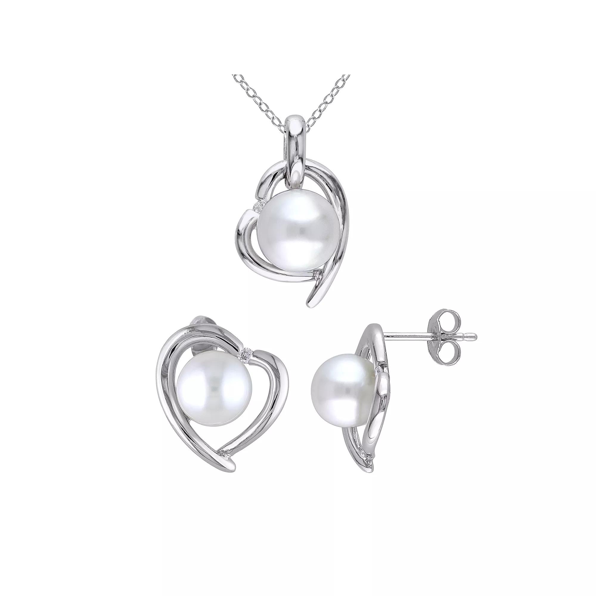 Stella Grace Freshwater Cultured Pearl & Diamond Accent Heart Necklace & Earring Set, Women's, Size: 18", Sterling Product Image
