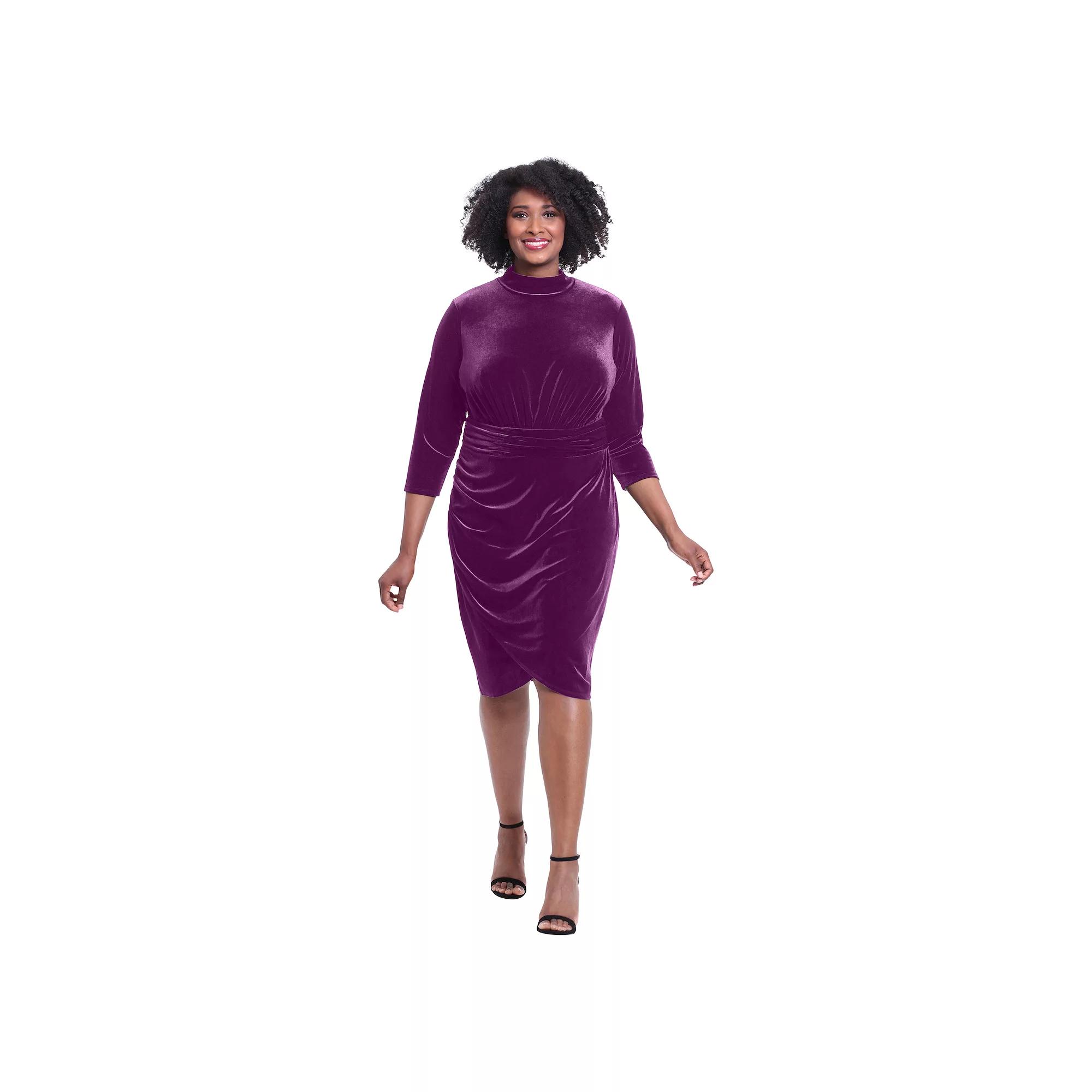 Plus Size London Times Mockneck Ruched Velvet Dress, Women's, Size: 24 W, Purple Product Image