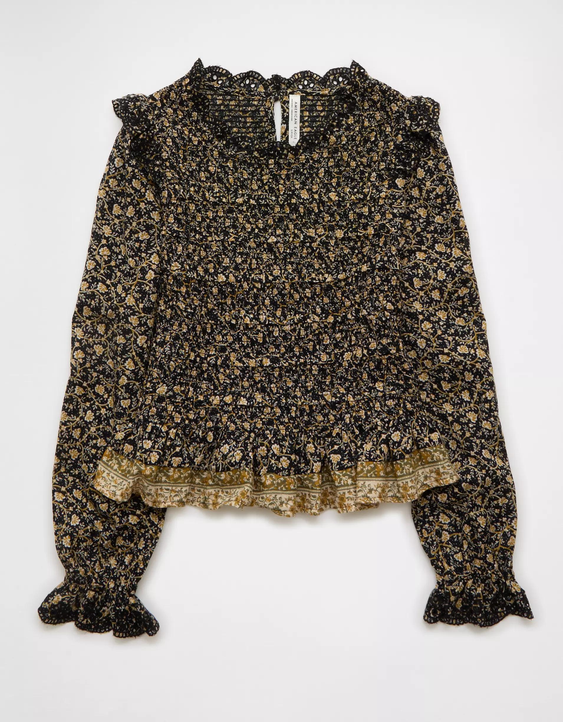 AE Long Sleeve Smocked Babydoll Blouse Product Image