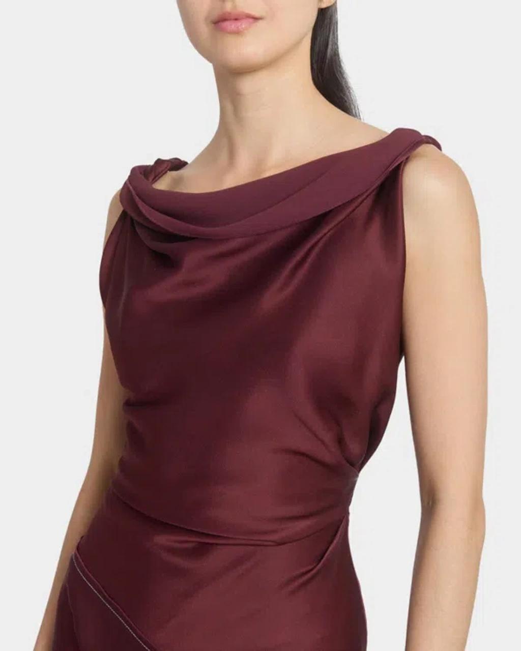 VICTORIA BECKHAM Asymmetric Draped Sleeveless Satin Midi Dress In Burgundy Product Image