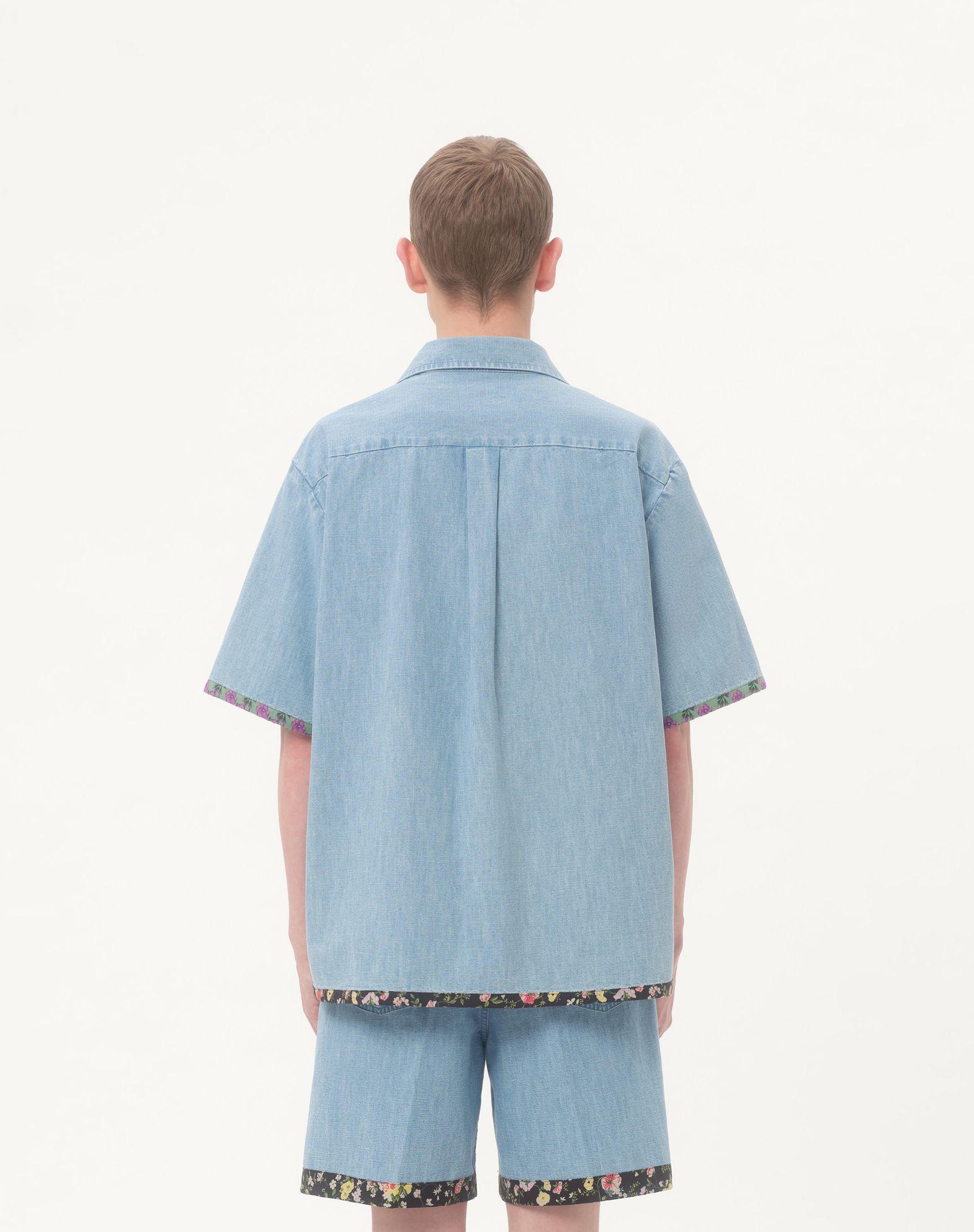 Denim Bowling Shirt With Floral Print Trim Product Image