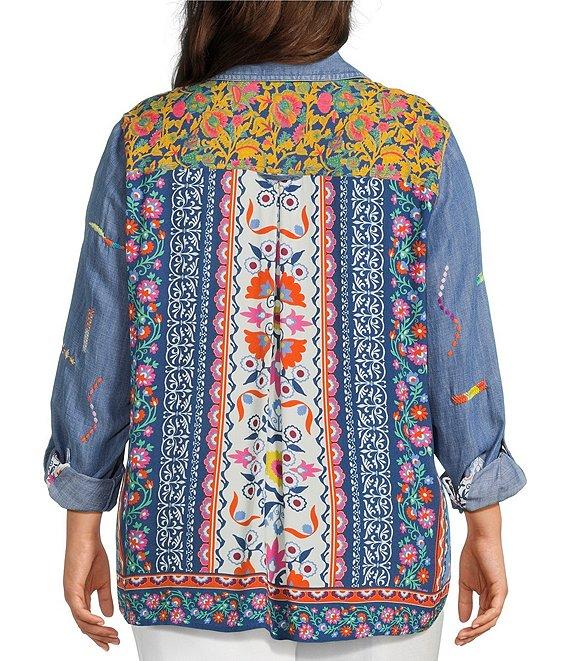 John Mark Plus Size Embroidered Floral Printed Point Collar Long Roll-Tab Sleeve Button Front Top Product Image