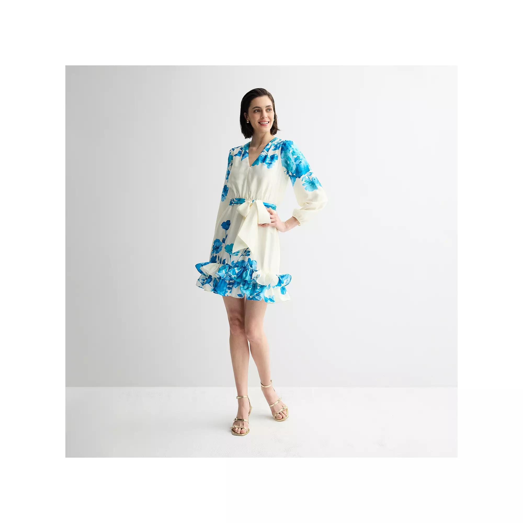 Women's Taylor Ruffle Hem Fit & Flare Mini Dress, Size: 6, White Teal Product Image