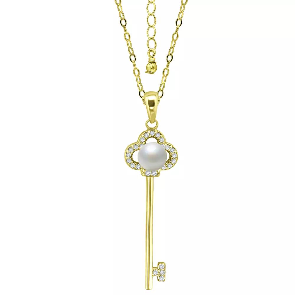 Aleure Precioso Sterling Silver Cubic Zirconia & Freshwater Cultured Pearl Key Pendant Necklace, Women's, Size: 18", Gold Tone Product Image