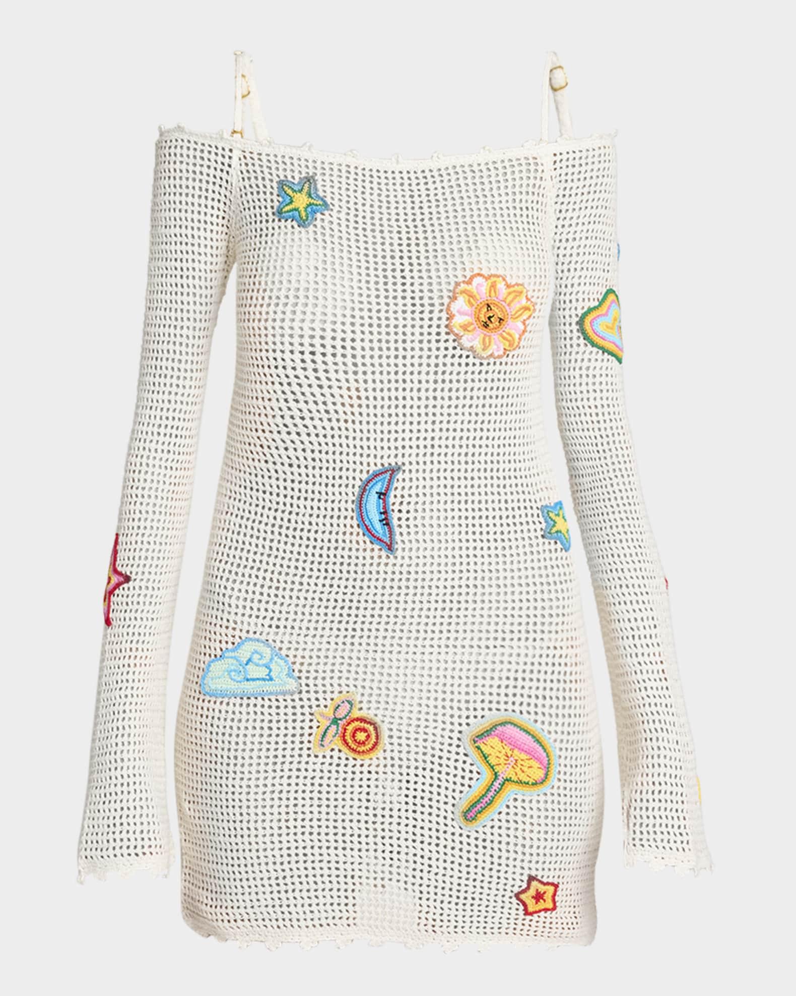 Off-The-Shoulder Patched Crochet Knit Mini Dress Product Image