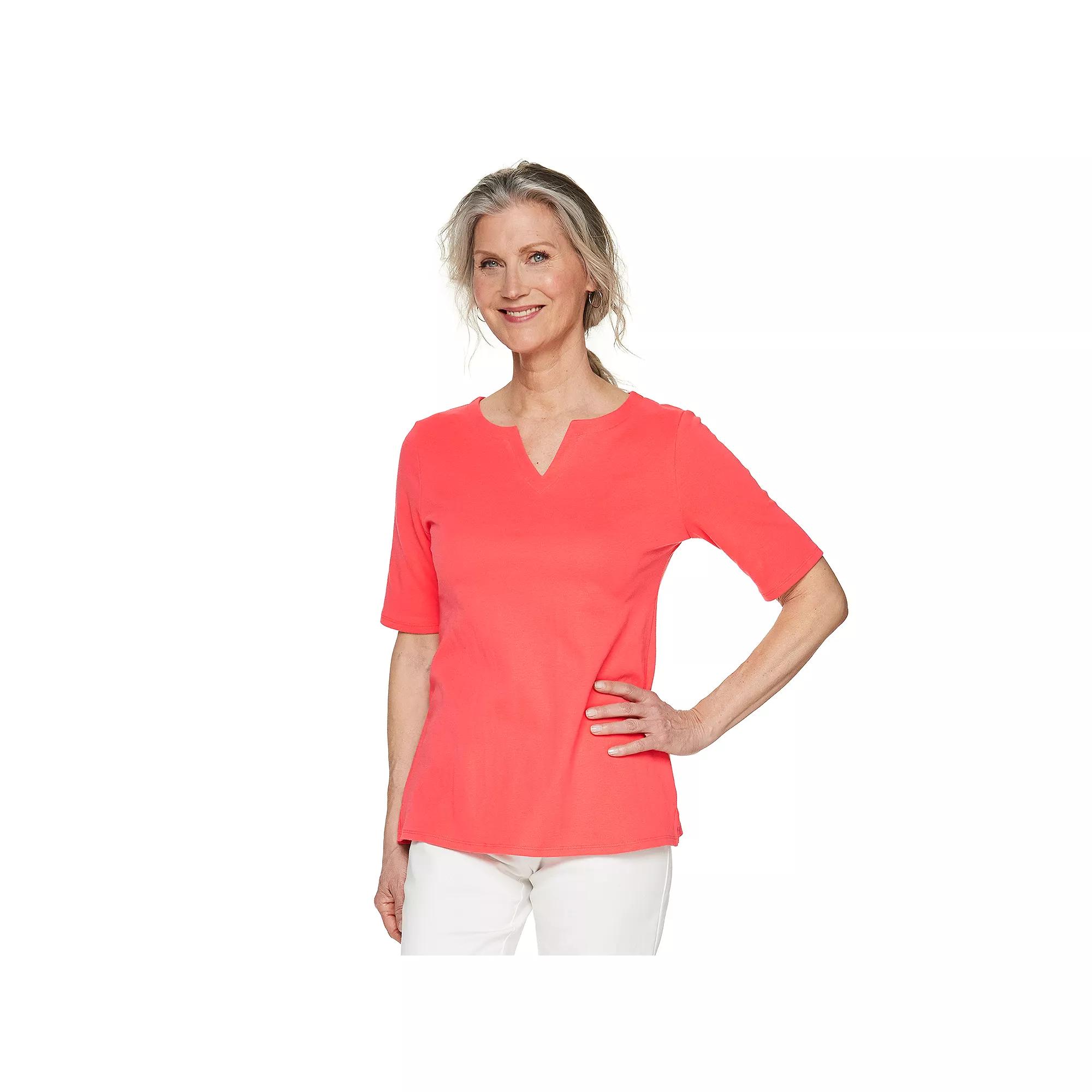 Petite Croft & Barrow® Elbow Sleeve Splitneck Top, Women's, Size: Medium Petite, Pink Product Image