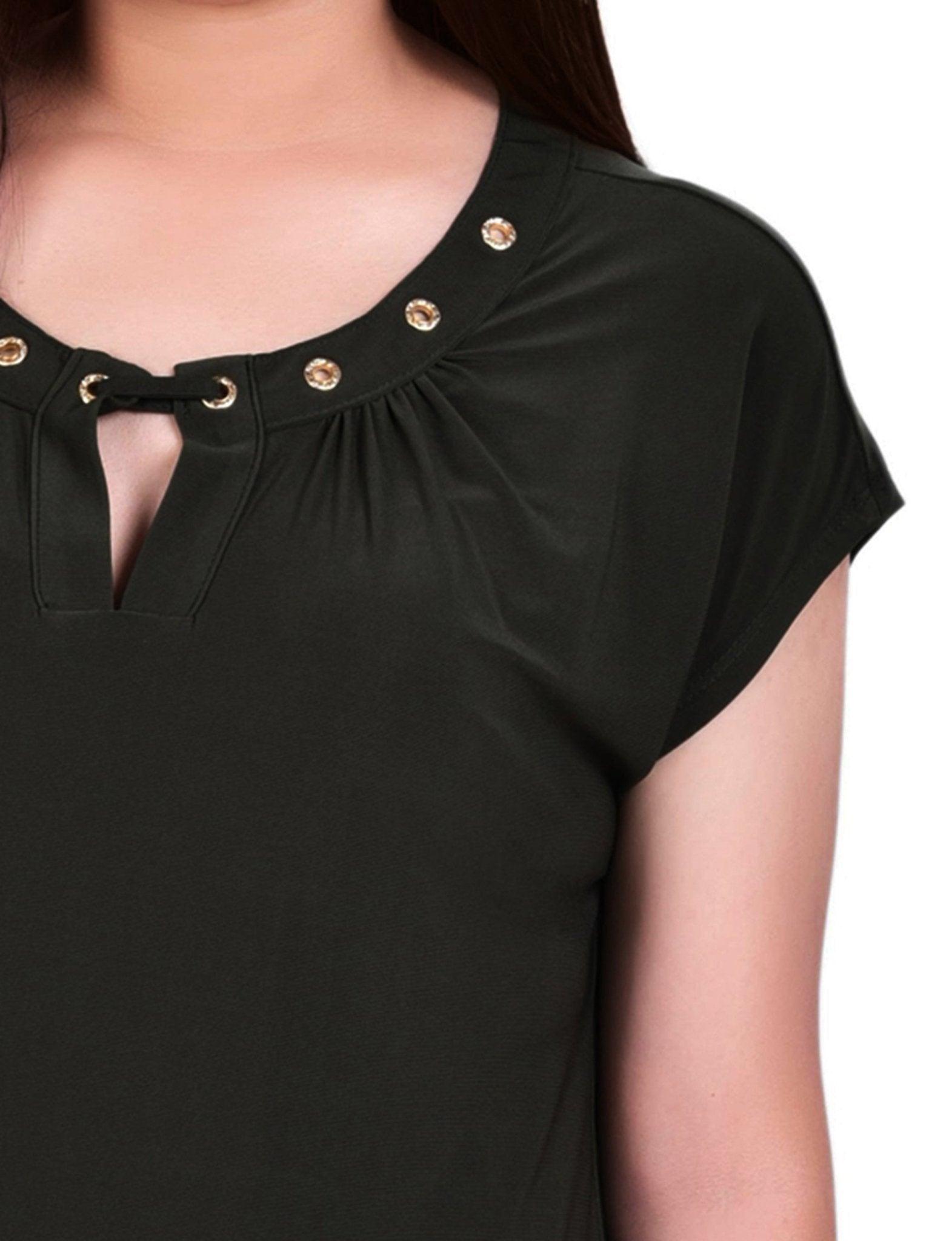 Black Short Extended-Sleeve Grommet Neck Knit Top - Petite Product Image