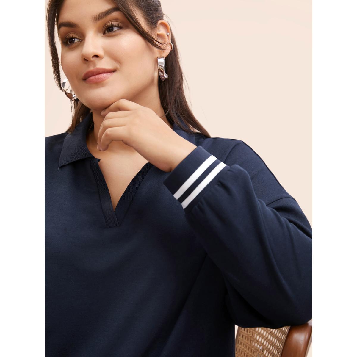 Plus Size Polo Neck Contrast Trim Drop Shoulder Sweatshirt Women Midnight Casual Contrast Polo Everyday Sweatshirts BloomChic 10/M Product Image