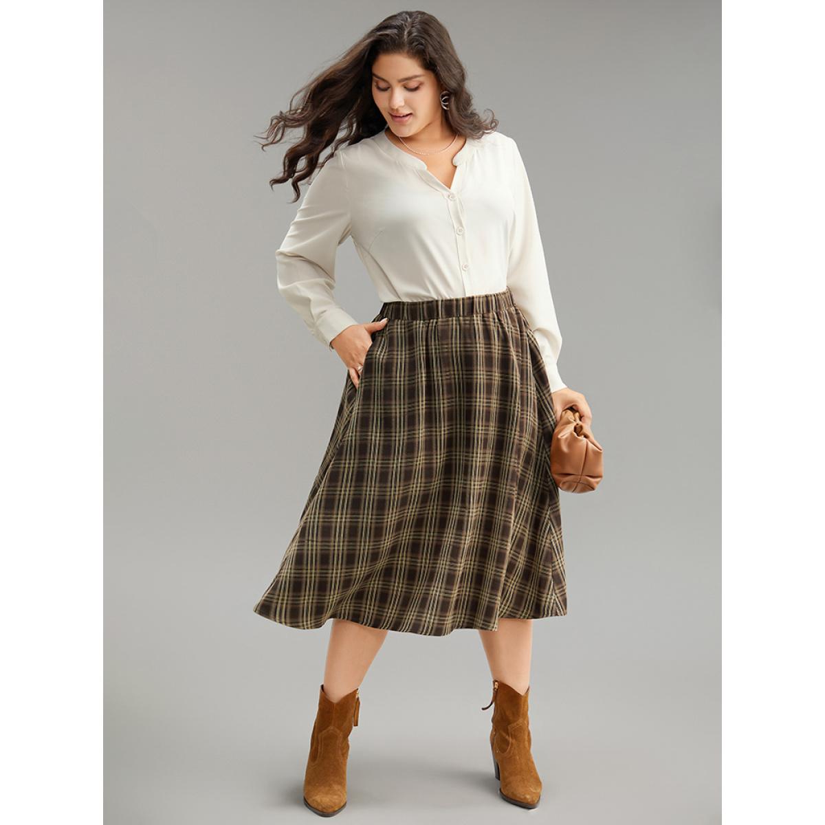 Plus Size Plaid Print Pocket Elastic Waist Skirt Women DarkBrown Office Elastic Waist No stretch Pocket Work Skirts BloomChic 14-16/1X Product Image