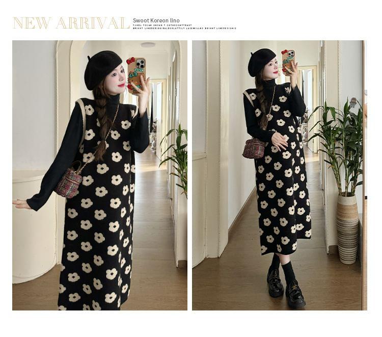 Maternity Long-Sleeve Turtleneck Plain Knit Top / Crew Neck Floral Print Contrast Trim Midi Jumper Dress Product Image