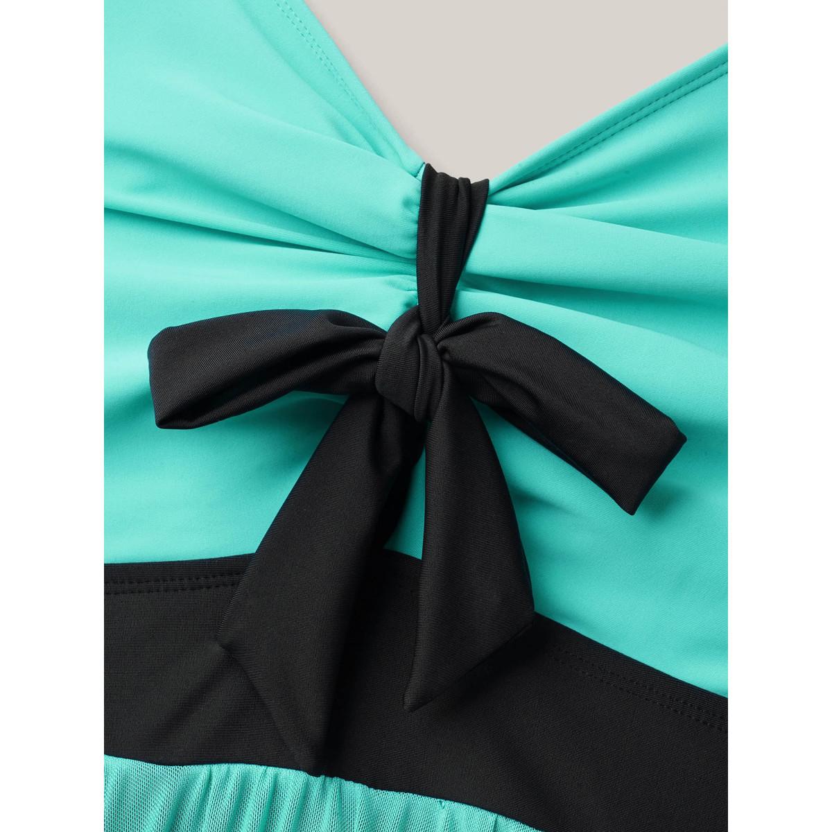 Plus Size Ruched Adjustable Bust Tie Swim Dress Women's Swimwear Turquoise Beach Bodycon U-neck High stretch Curve Swim Dresses BloomChic 26/4X Product Image