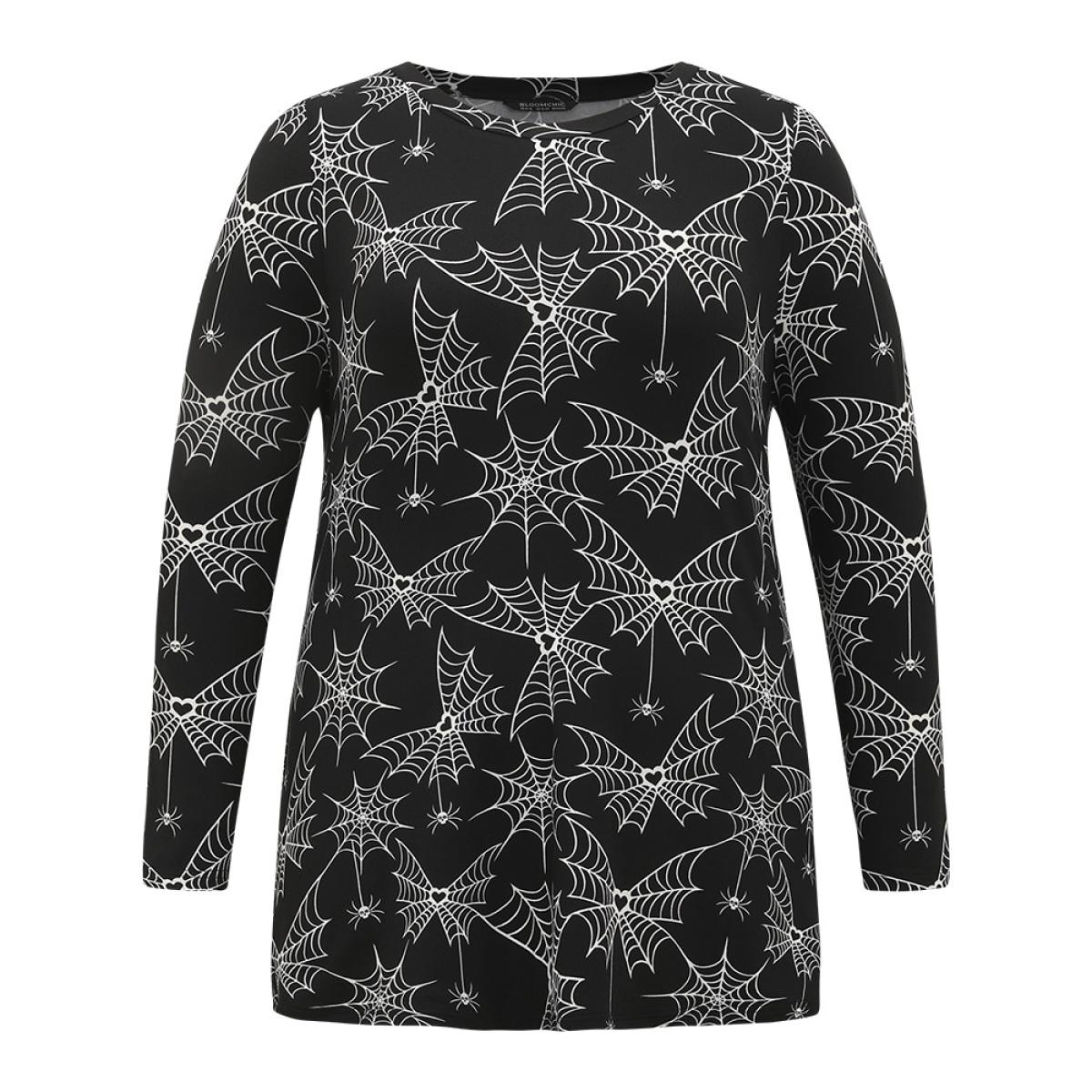 Plus Size Halloween Spider Web Print Round Neck T-shirt Black Women Casual Printed Graphic-Halloween Round Neck Festival-Halloween T-shirts BloomChic 26/4X Product Image