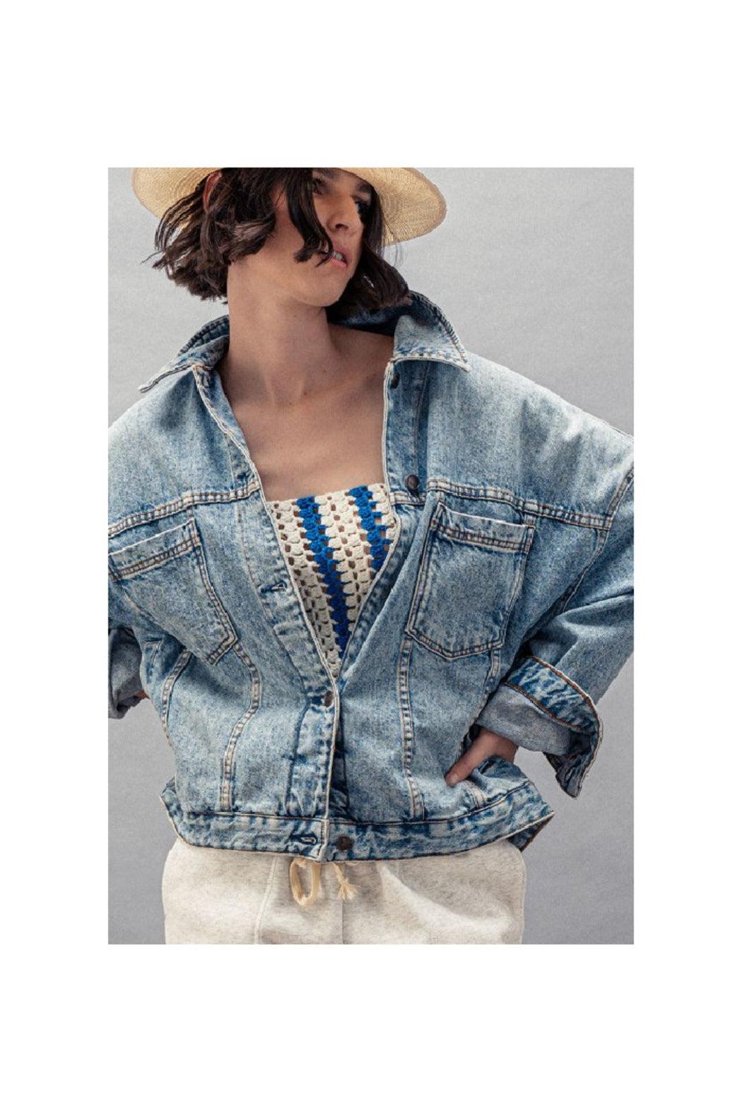 Oversized Button Up Back Pleat Western Denim Jacket Product Image