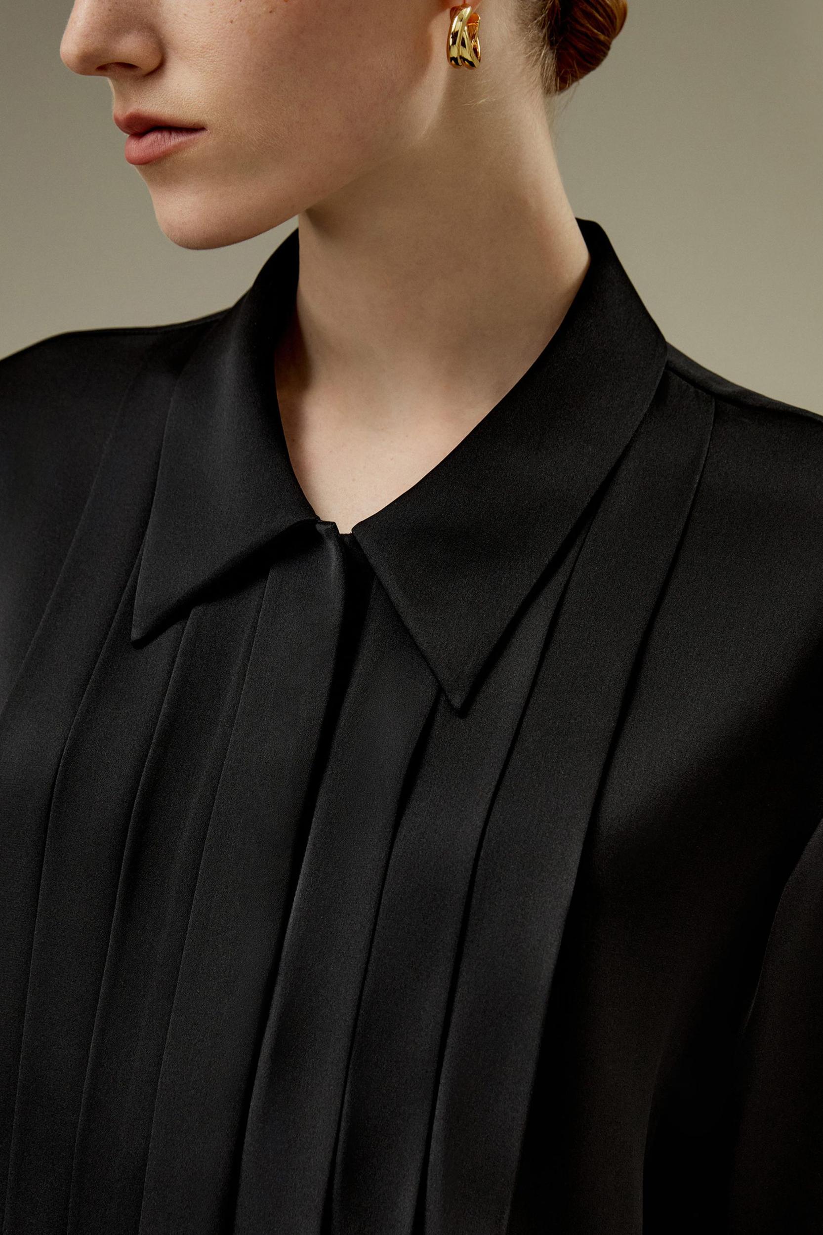 Pleated Shirt-Collar Silk Blouse Product Image